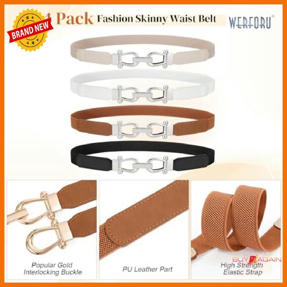 Skinny Elastic Waist Belt Stretchy Thin Gold Buckle for Jeans Dress - Picture 4 of 7